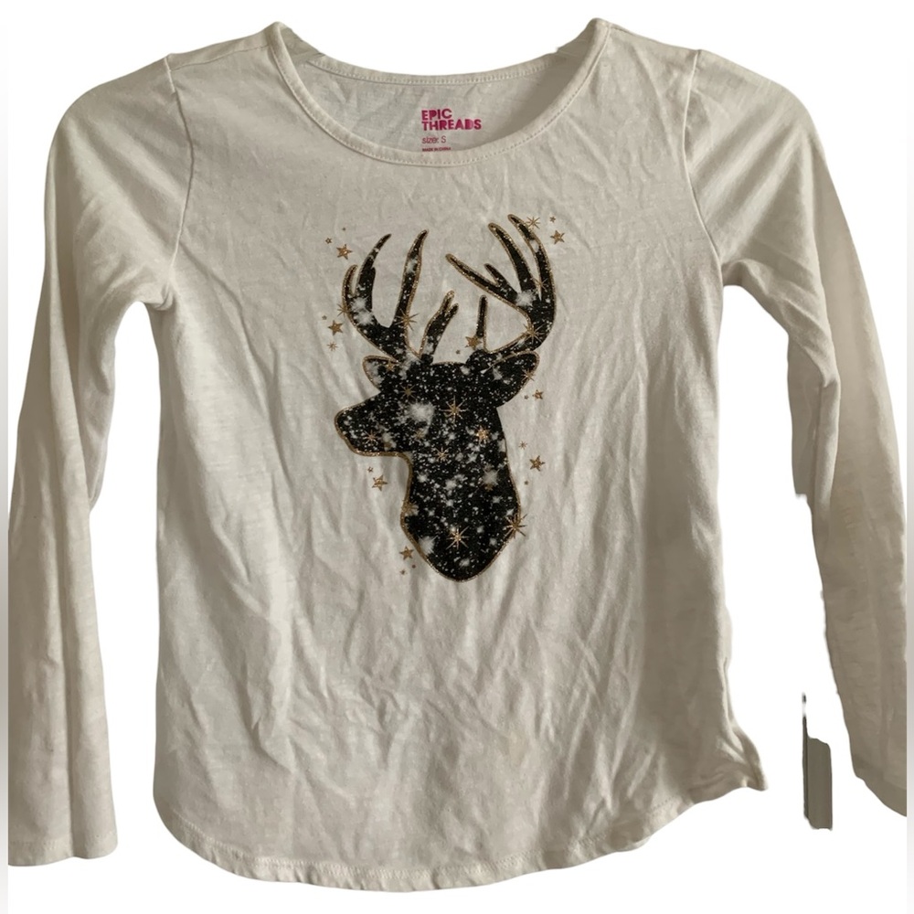 Epic Threads Cream Starry Deer Long Sleeve Tee holiday Christmas small
